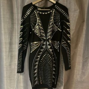 Bebe Beaded bejeweled black gold silver metallic Party Holiday Dress size M